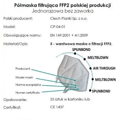 Maski filtrujące FFP2 polskiej produkcji, 25 sztuk